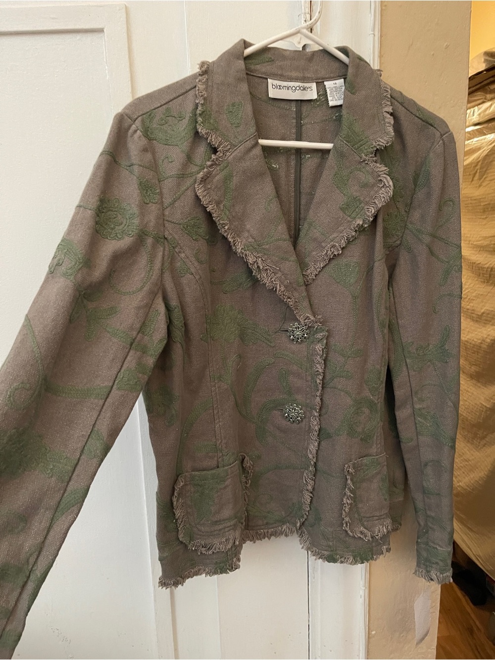 Bloomingdale's Brown Blazer with Green Jacquard Detail